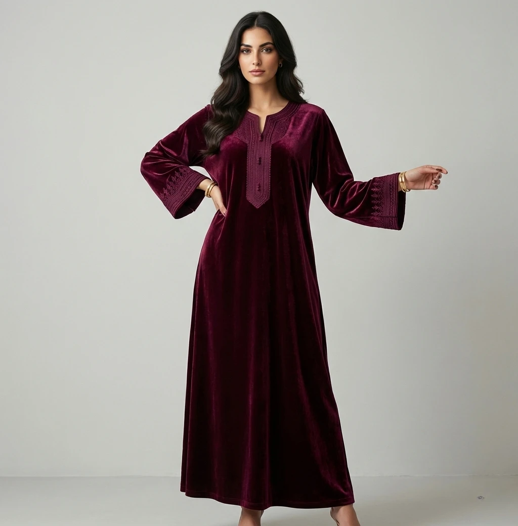 Caftan Hmaoui Premium Femme – Tissu Mobra et Finition Élégante